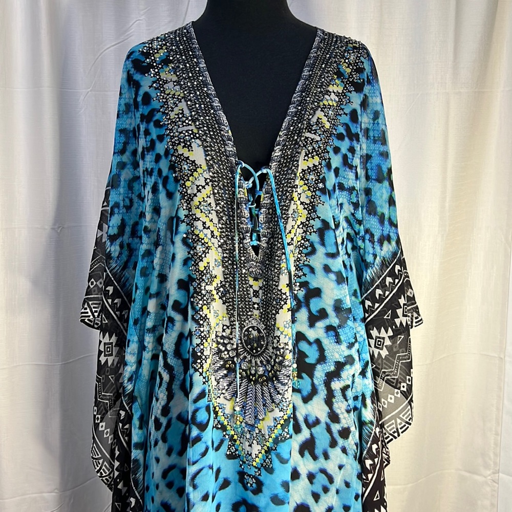 Blue Leopard Print Women's Swim Coverup with Lace-Up V-Neck